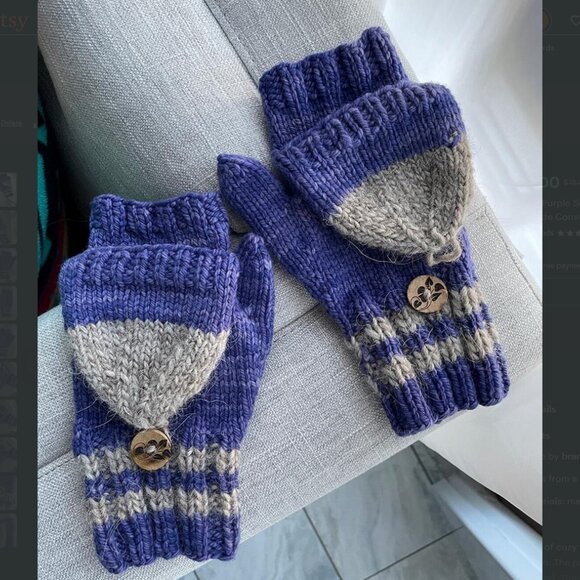 Flip-Top Purple Sock Mitts Wool Knit Mittens Handmade Convertible Half Mitts - Picture 2 of 10